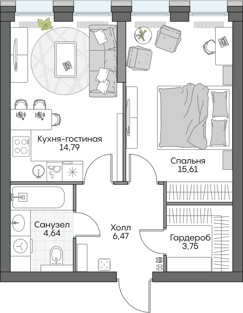 1 комн. квартира, 45.8 м², 3 этаж 