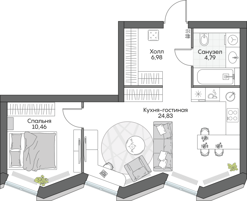 1 комн. квартира, 47.1 м², 3 этаж 