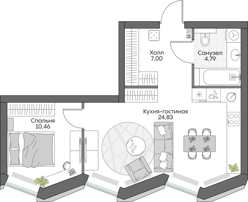 1 комн. квартира, 47.2 м², 3 этаж 