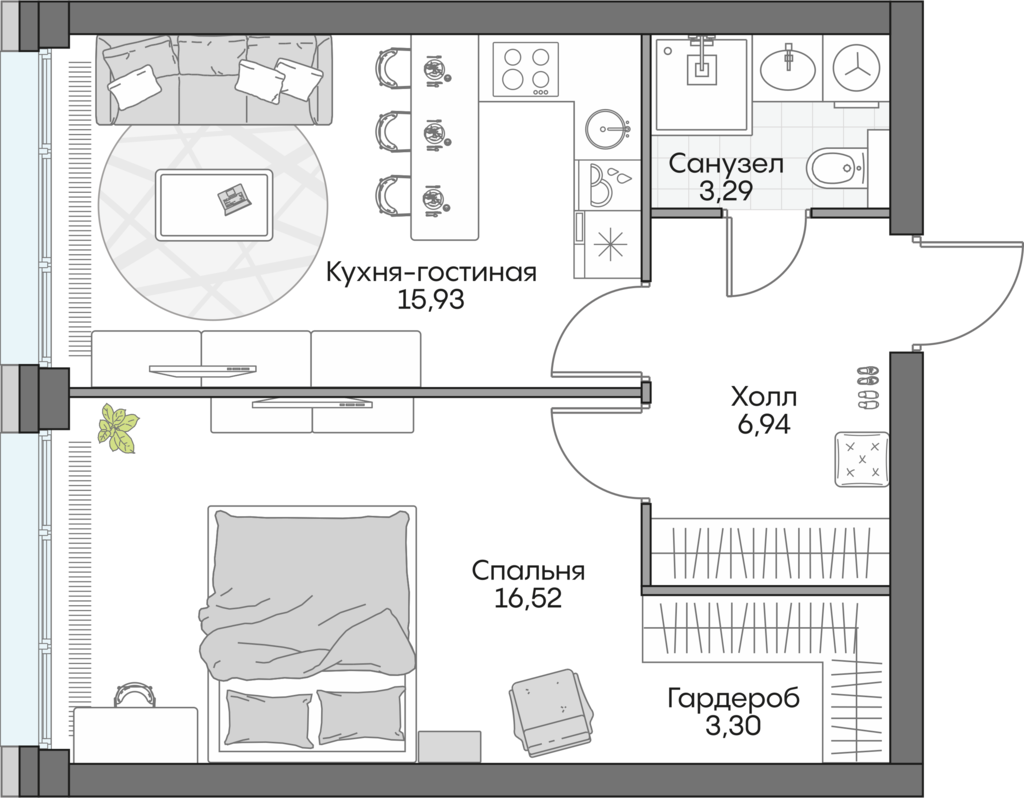 1 комн. квартира, 46.1 м², 4 этаж 
