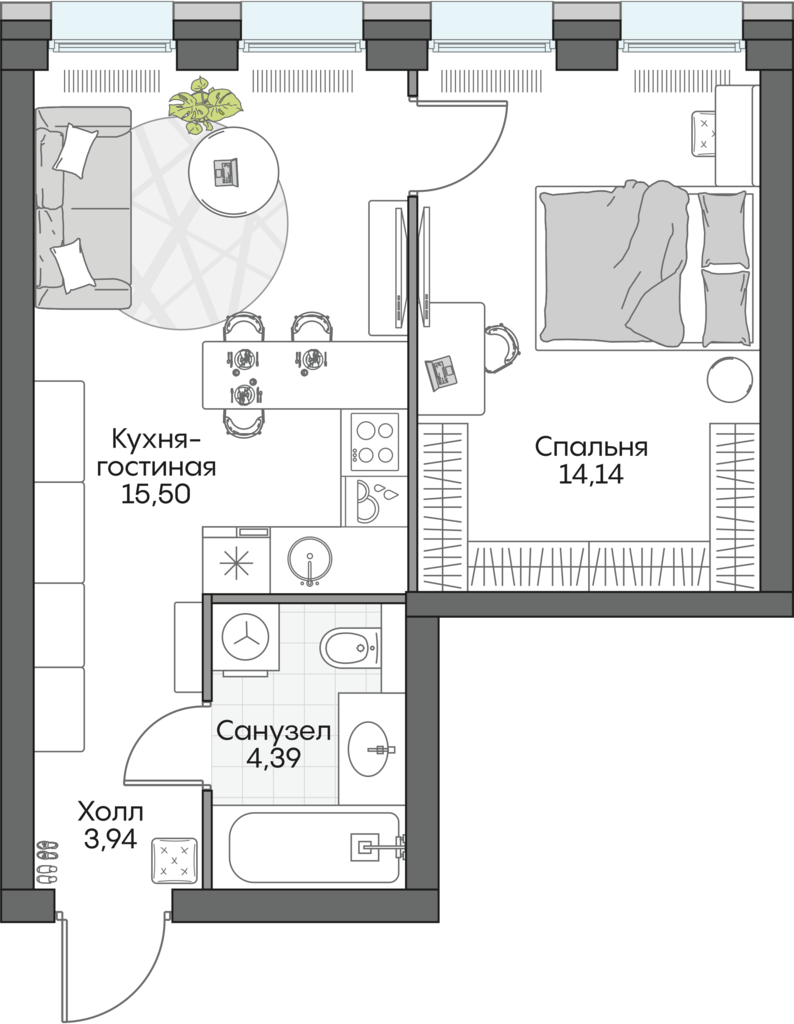 1 комн. квартира, 36.6 м², 2 этаж 