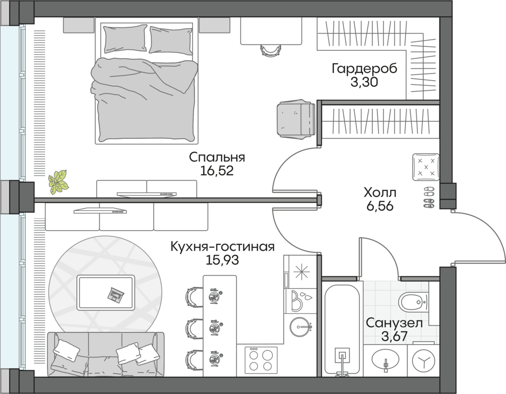 1 комн. квартира, 46.1 м², 6 этаж 