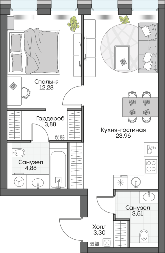 1 комн. квартира, 52.3 м², 2 этаж 