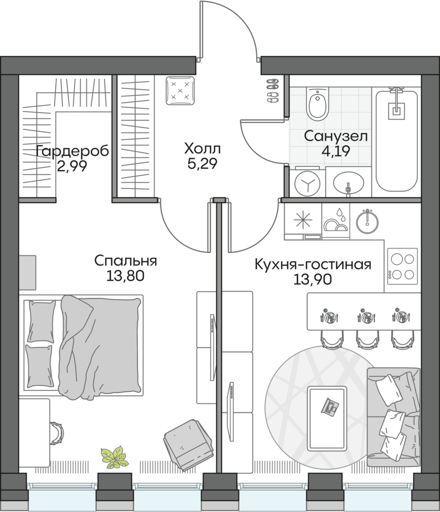 1 комн. квартира, 40.5 м², 6 этаж 