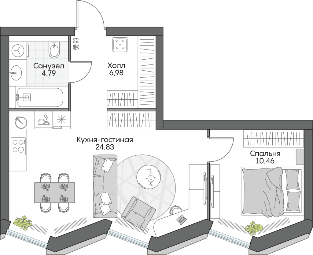1 комн. квартира, 47.2 м², 6 этаж 