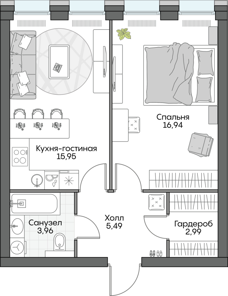 1 комн. квартира, 45.9 м², 2 этаж 