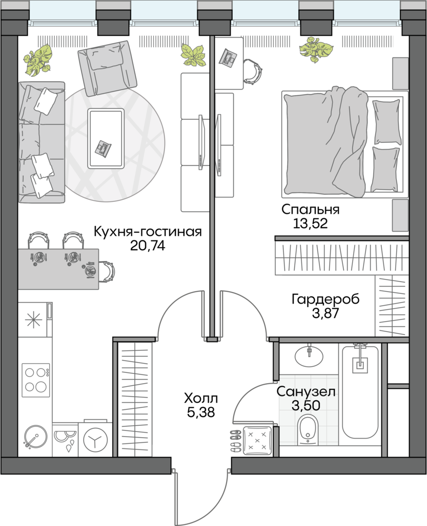 1 комн. квартира, 46.5 м², 2 этаж 