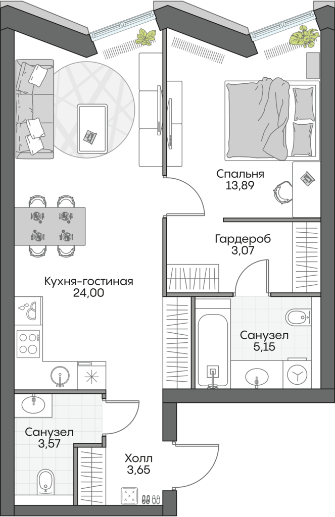 1 комн. квартира, 52.7 м², 5 этаж 