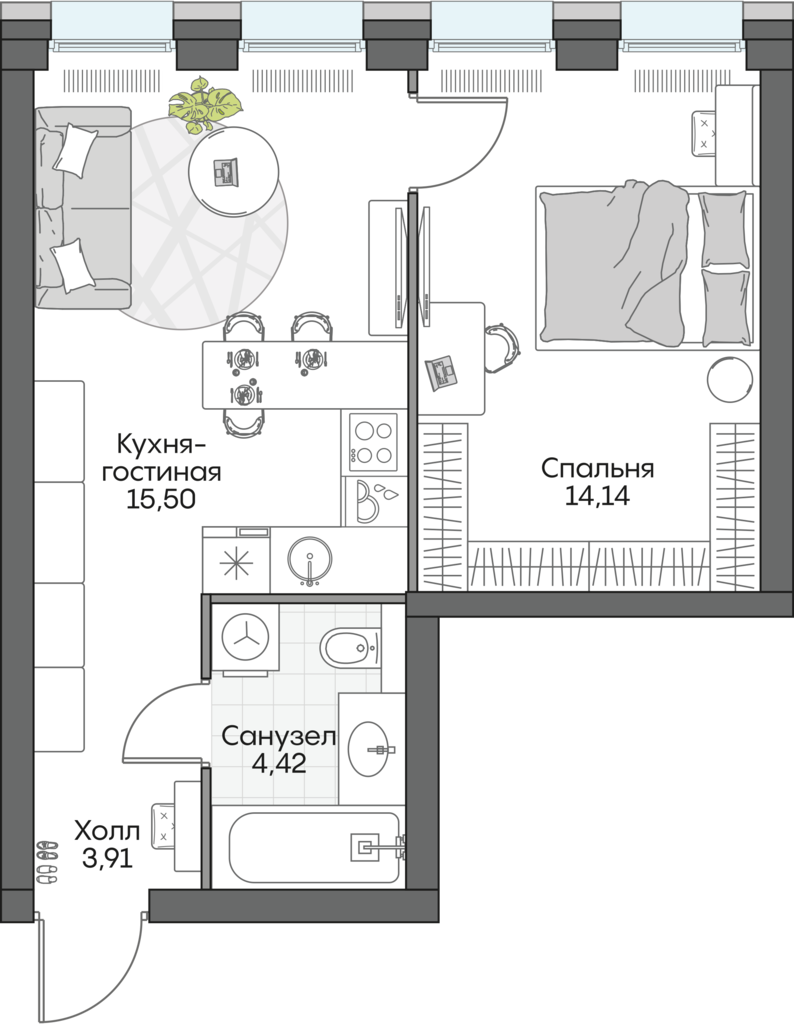 1 комн. квартира, 38.1 м², 6 этаж 