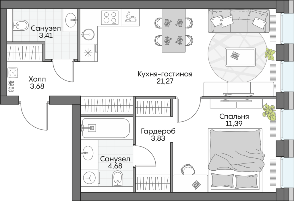 1 комн. квартира, 48.4 м², 4 этаж 