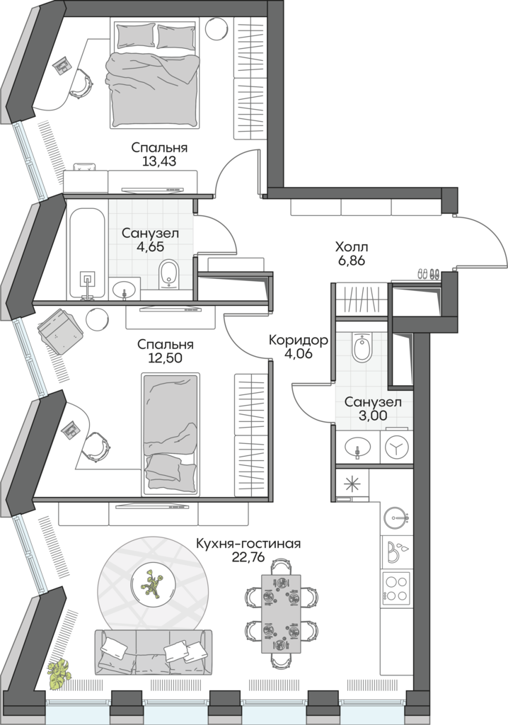 2 комн. квартира, 67.9 м², 6 этаж 