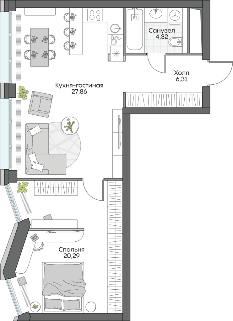 1 комн. квартира, 58.8 м², 6 этаж 