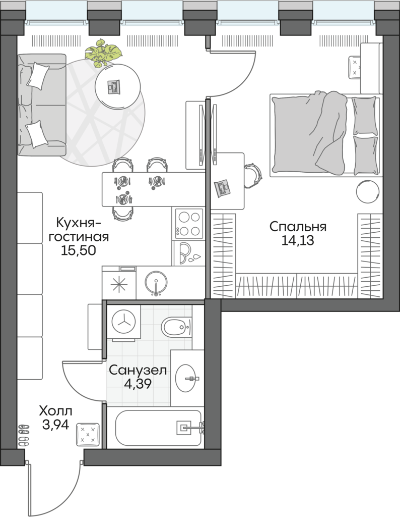 1 комн. квартира, 38.2 м², 10 этаж 
