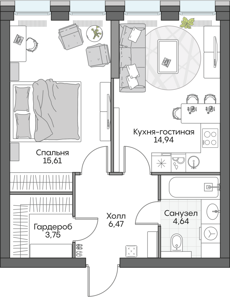 1 комн. квартира, 45.8 м², 3 этаж 