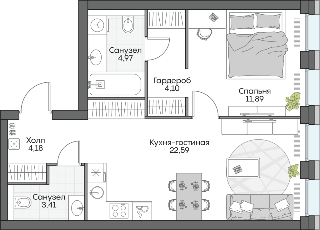 1 комн. квартира, 51.2 м², 6 этаж 