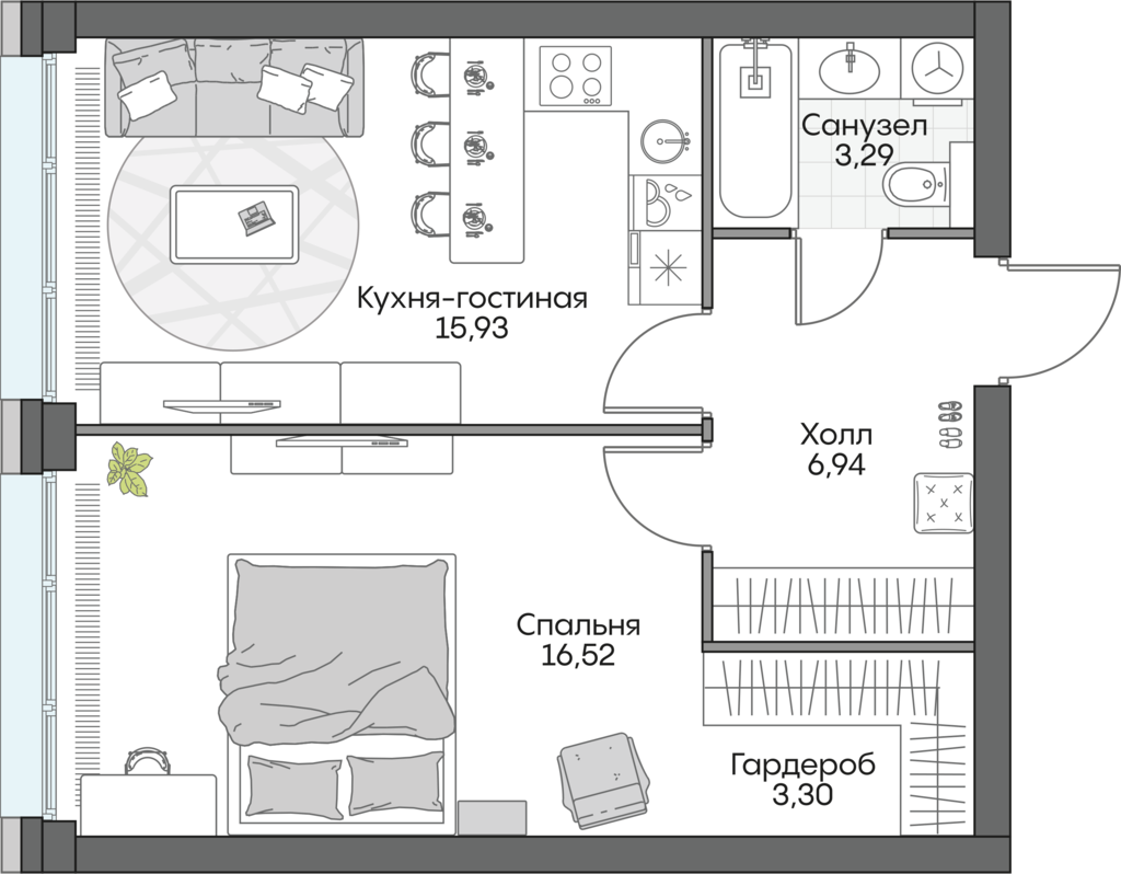 1 комн. квартира, 46.1 м², 12 этаж 