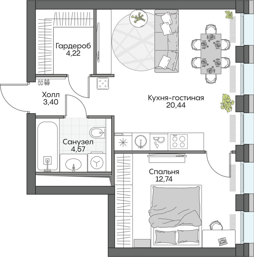 1 комн. квартира, 45.6 м², 8 этаж 