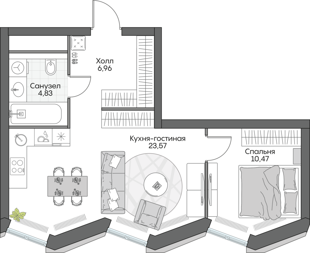1 комн. квартира, 46 м², 10 этаж 