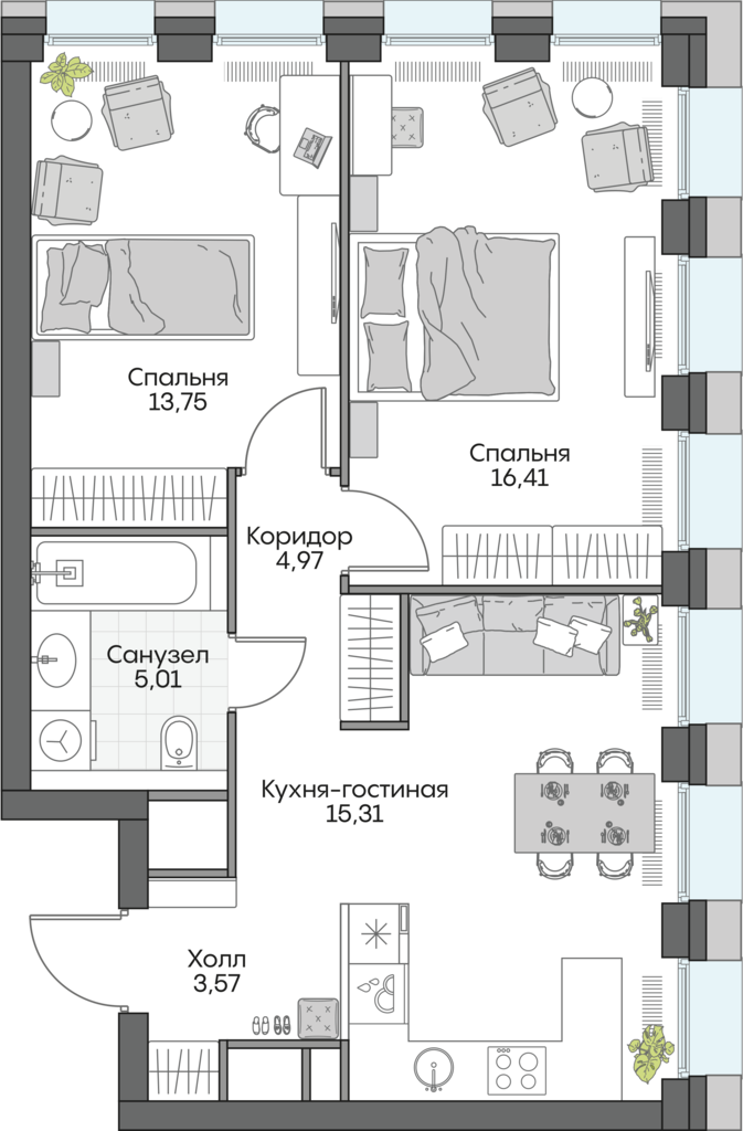 2 комн. квартира, 59.1 м², 5 этаж 