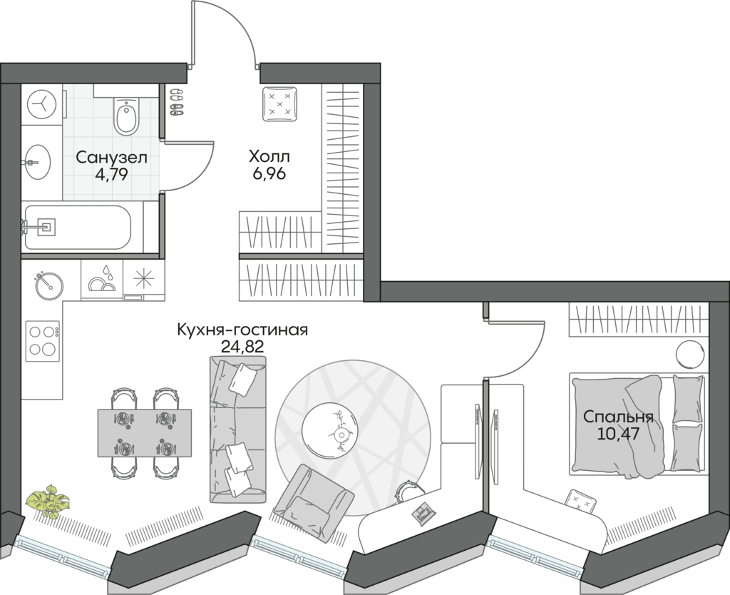 1 комн. квартира, 47.1 м², 9 этаж 
