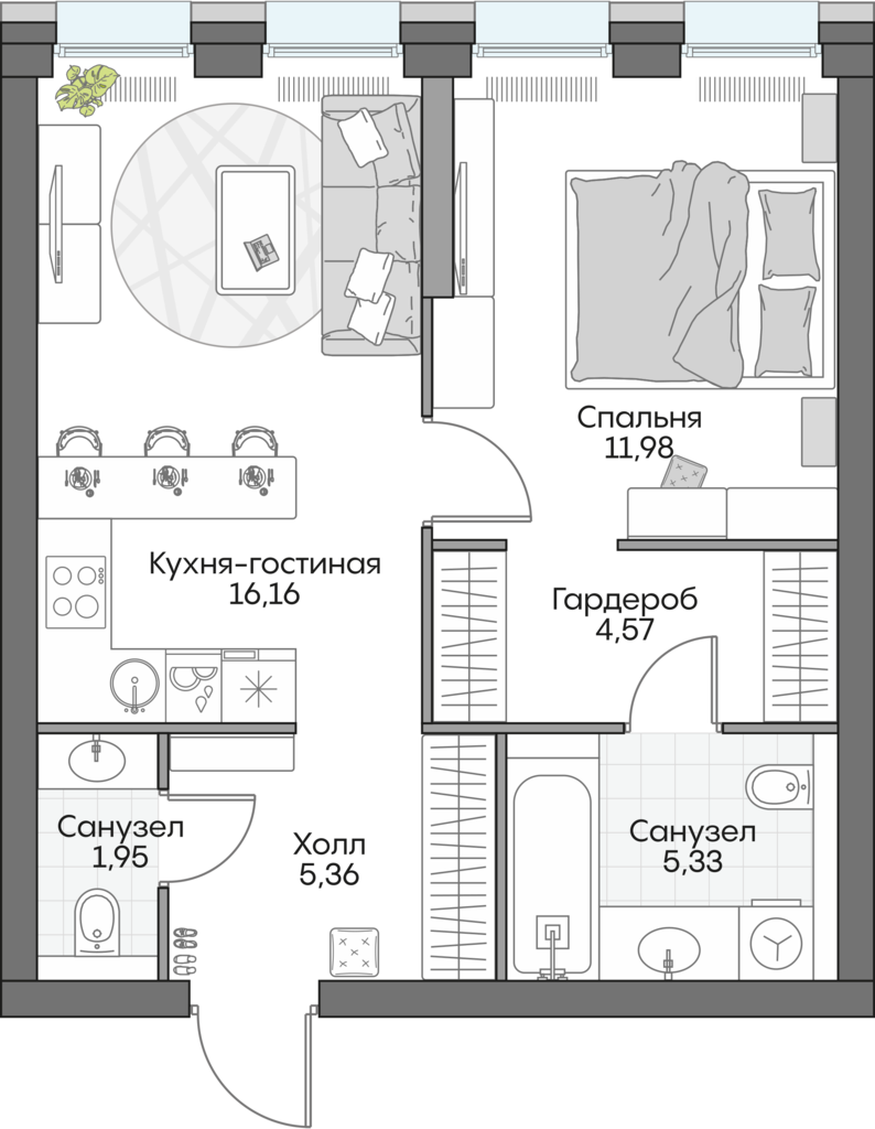 1 комн. квартира, 45.8 м², 5 этаж 