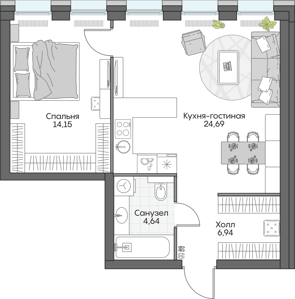 1 комн. квартира, 50.5 м², 2 этаж 