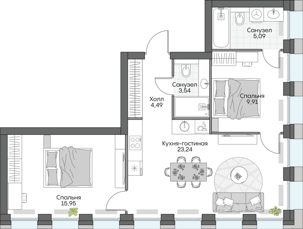 2 комн. квартира, 61.7 м², 7 этаж 