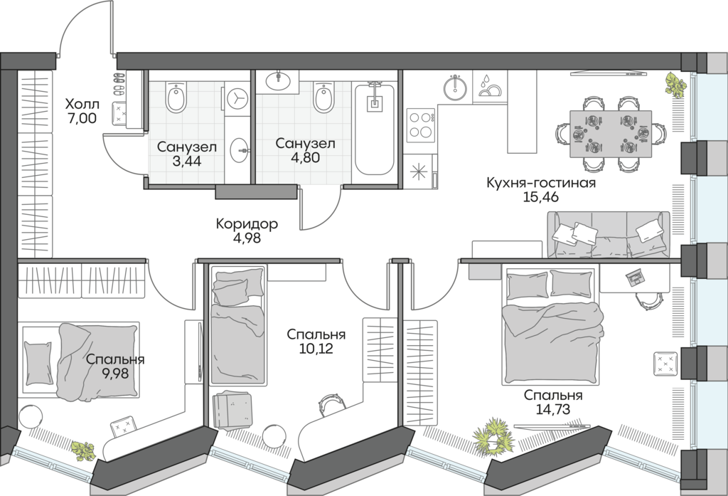 3 комн. квартира, 69.7 м², 7 этаж 
