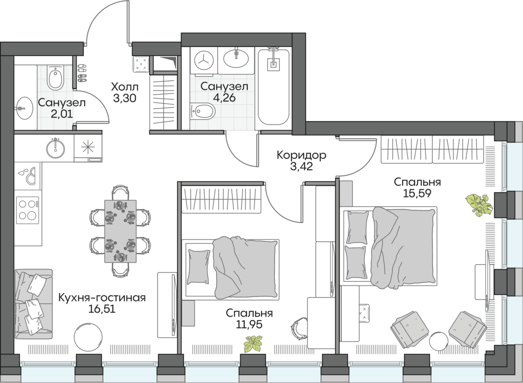 2 комн. квартира, 56.5 м², 10 этаж 