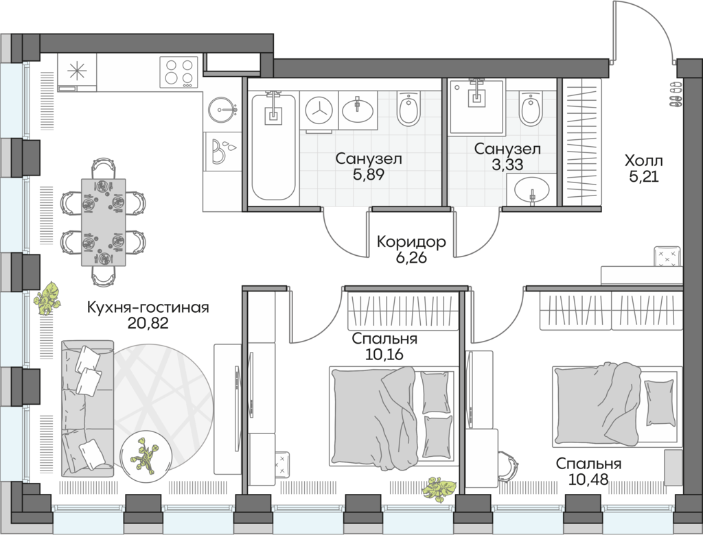 2 комн. квартира, 62.2 м², 4 этаж 