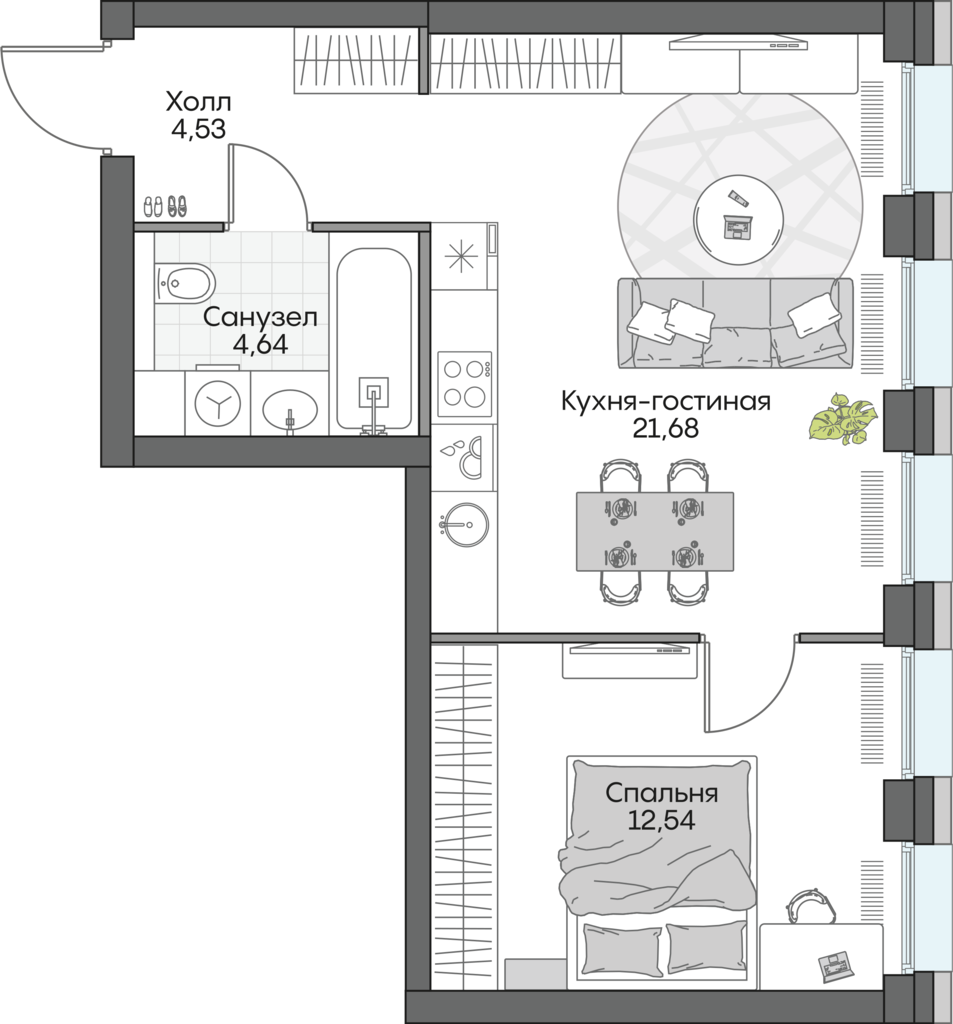 1 комн. квартира, 44 м², 15 этаж 