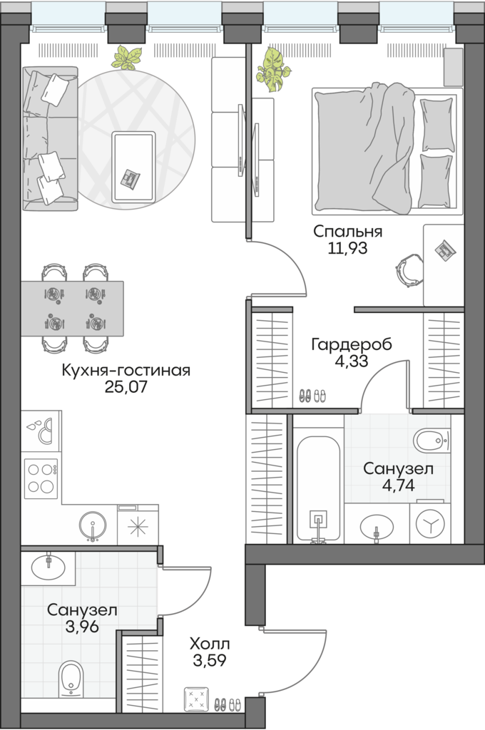 1 комн. квартира, 53.8 м², 4 этаж 