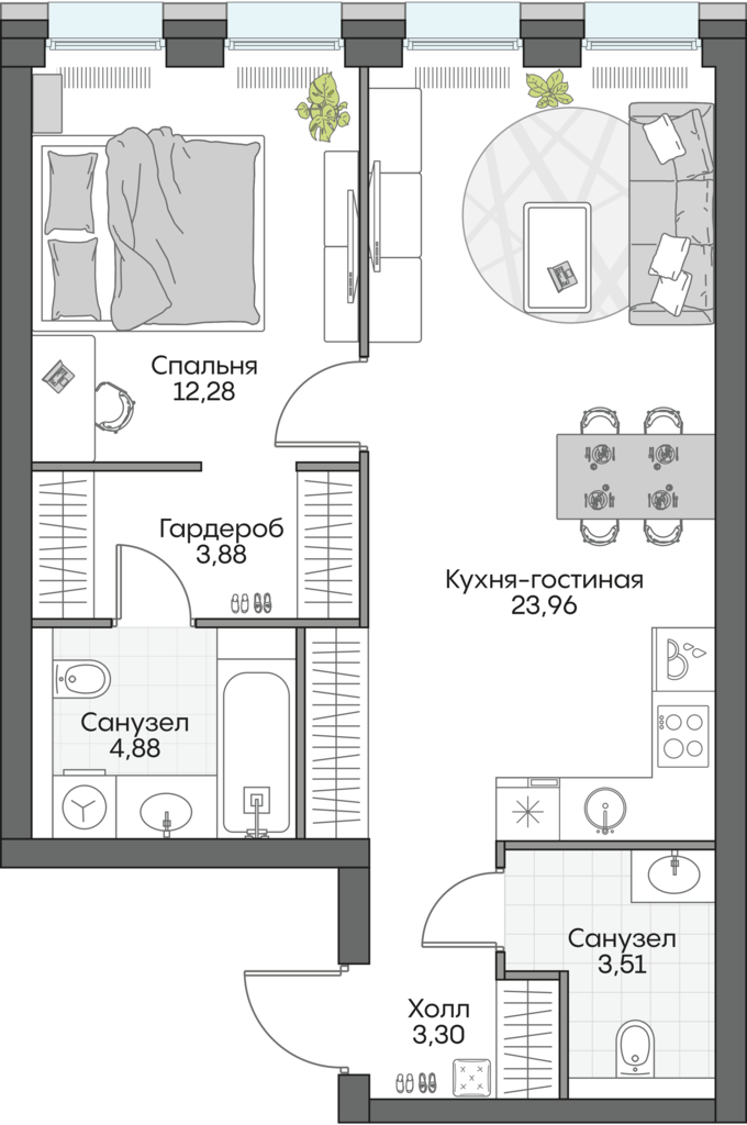 1 комн. квартира, 53.8 м², 6 этаж 