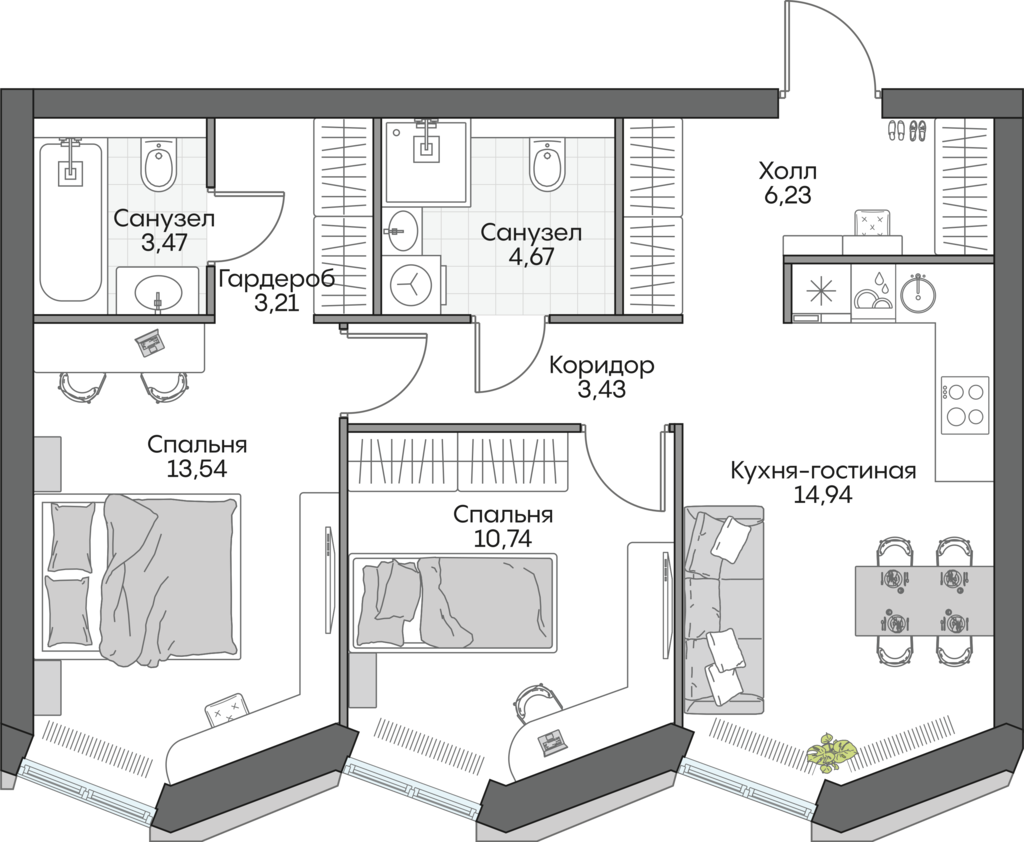 2 комн. квартира, 60.5 м², 15 этаж 
