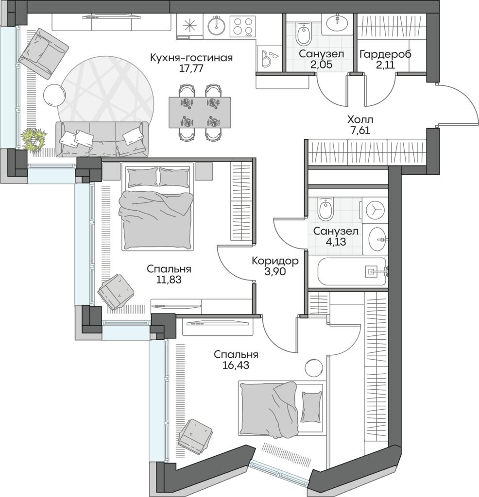 2 комн. квартира, 66.2 м², 10 этаж 