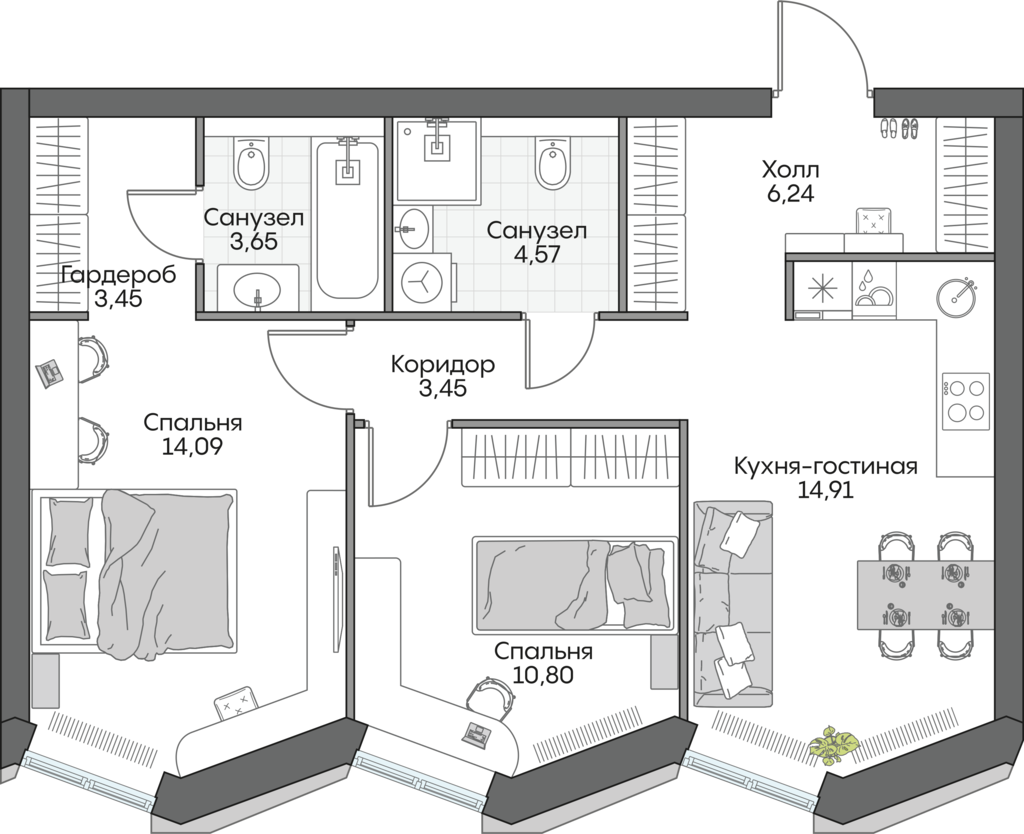 2 комн. квартира, 61.4 м², 13 этаж 