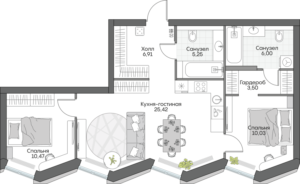 2 комн. квартира, 67.6 м², 11 этаж 