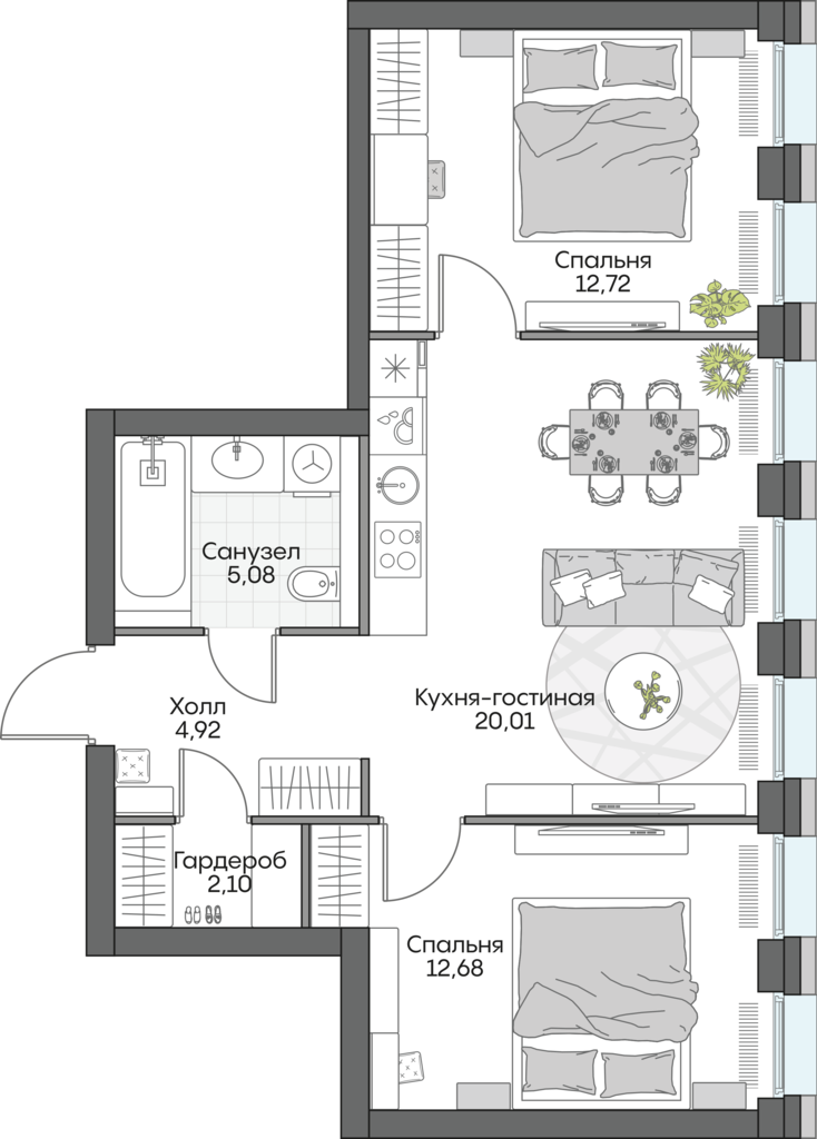 2 комн. квартира, 58.2 м², 14 этаж 