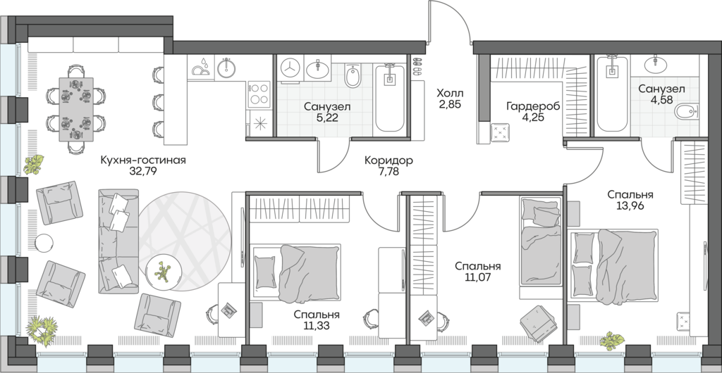 3 комн. квартира, 94 м², 7 этаж 