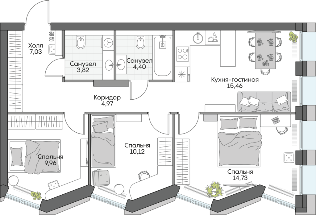 3 комн. квартира, 69.7 м², 15 этаж 