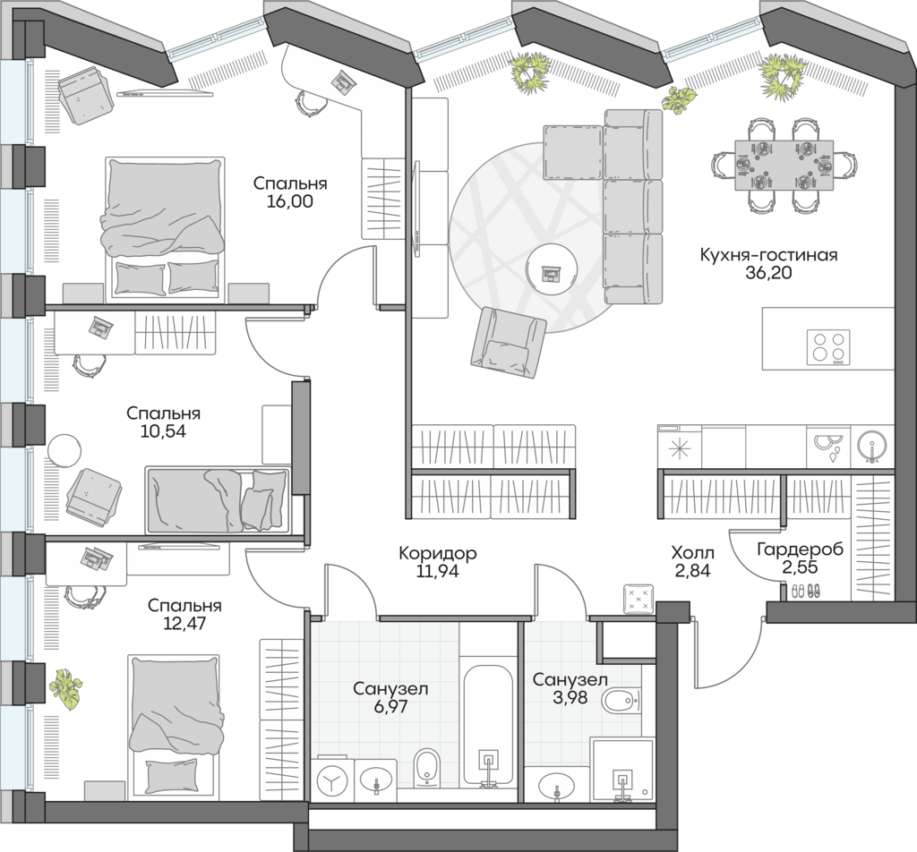 3 комн. квартира, 103.7 м², 4 этаж 