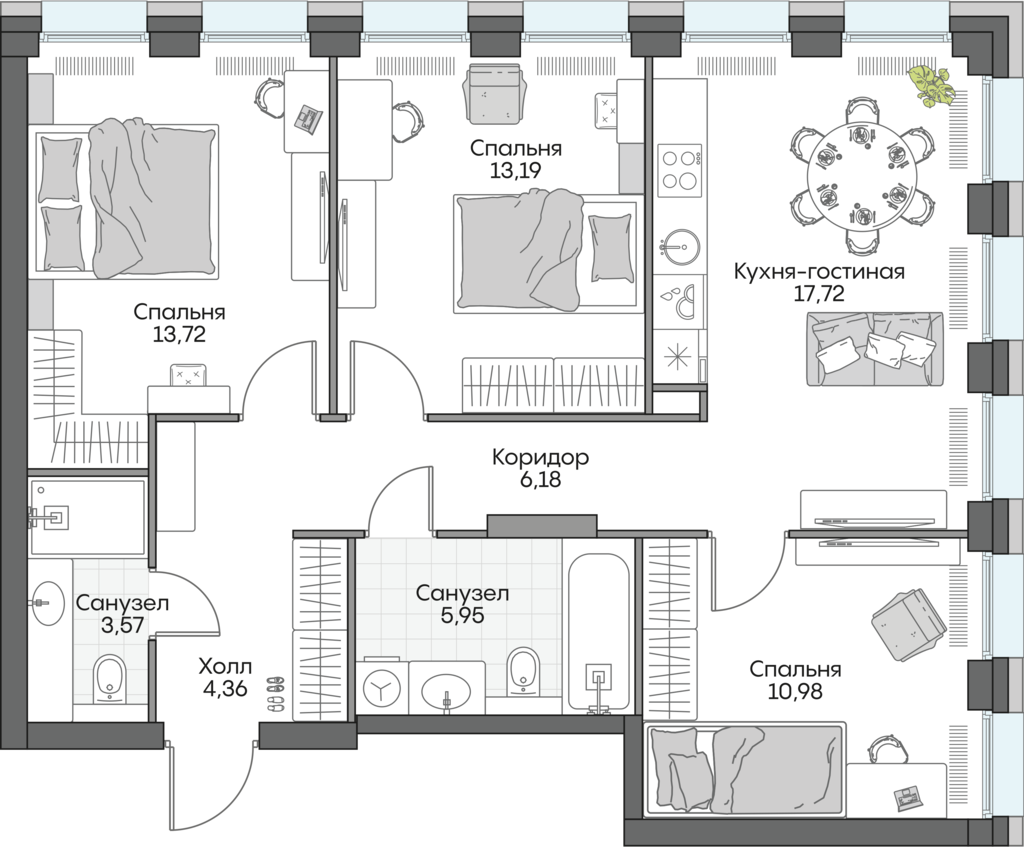 3 комн. квартира, 75.6 м², 11 этаж 