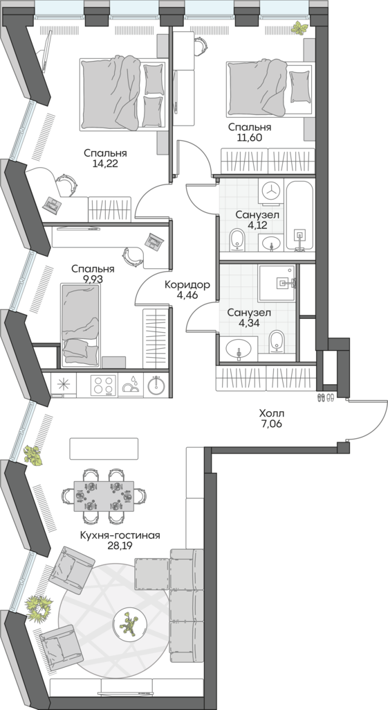 3 комн. квартира, 82.8 м², 13 этаж 