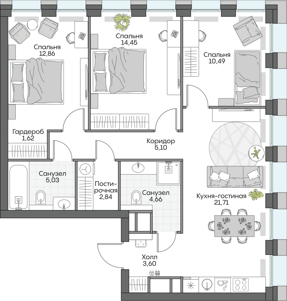 3 комн. квартира, 82.8 м², 13 этаж 