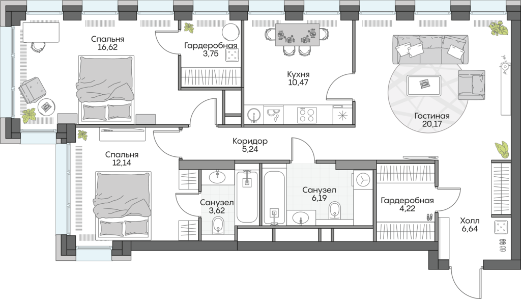 3 комн. квартира, 89.5 м², 10 этаж 