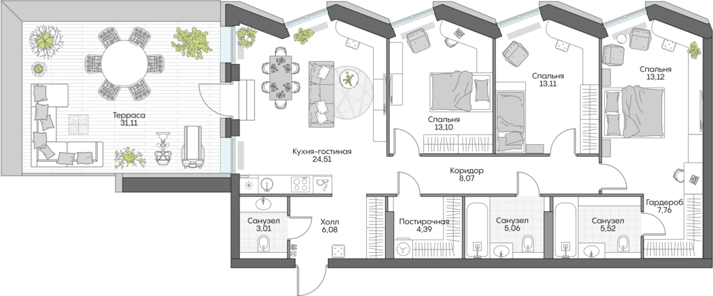 3 комн. квартира, 134.7 м², 7 этаж 