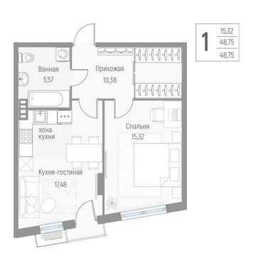 1 комн. квартира, 48.9 м², 3 этаж 