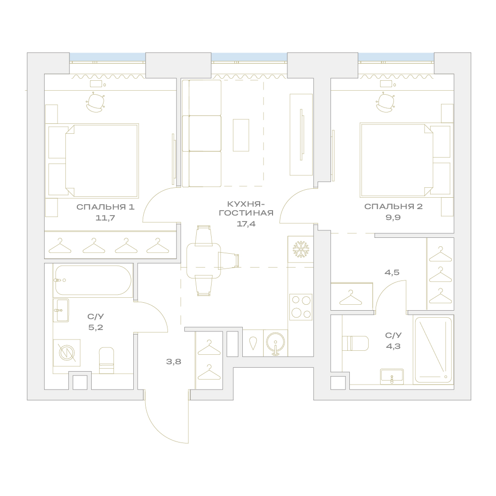 2 комн. квартира, 56.8 м², 2 этаж  (из 17)