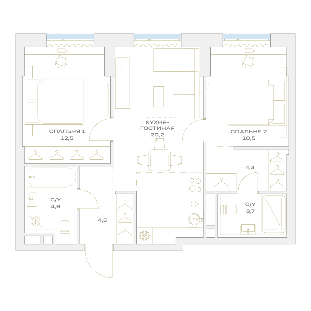 2 комн. квартира, 60.3 м², 3 этаж  (из 17)
