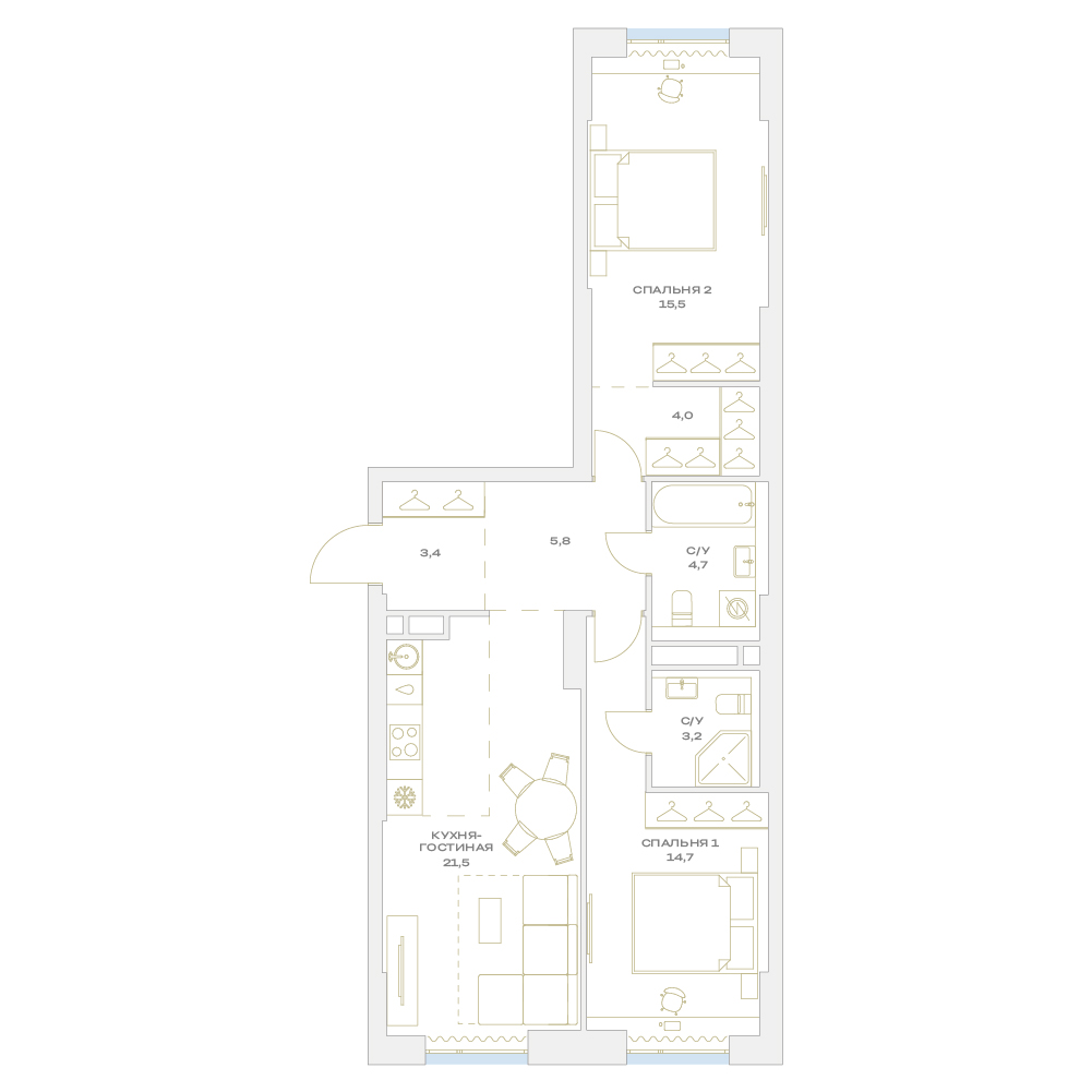 2 комн. квартира, 72.8 м², 3 этаж  (из 17)